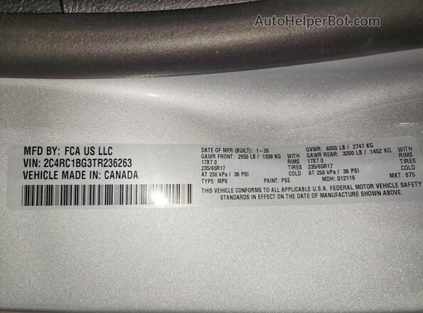 2C4RC1BG3TR236263 2026 CHRYSLER PACIFICA Silver Вид наклейки з VIN-кодом