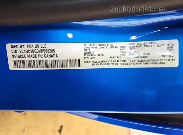 2C4RC1BG3VR568285 2027 CHRYSLER PACIFICA Blue Widok naklejki z numerem VIN