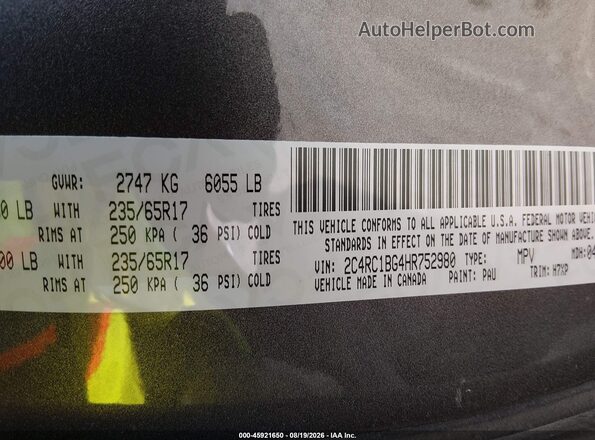 2C4RC1BG4HR752980 2017 CHRYSLER PACIFICA Gray Շարժիչի բաժամունքի տեսք