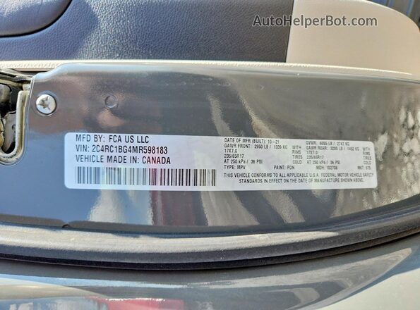 2C4RC1BG4MR598183 2021 CHRYSLER PACIFICA Gray VIN კოდის სტიკერის ხედი