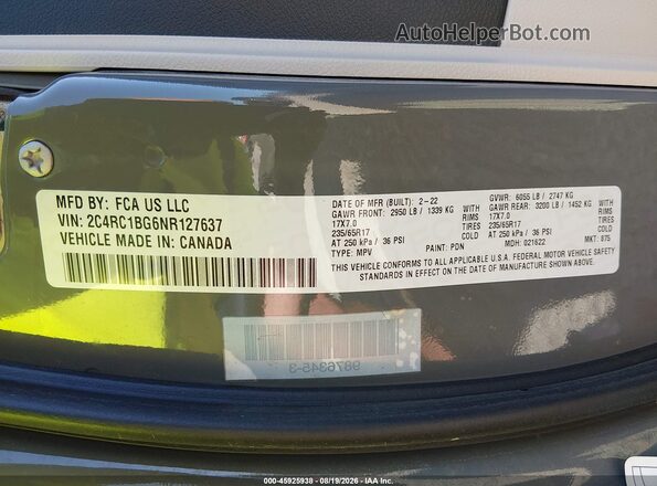 2C4RC1BG6NR127637 2022 CHRYSLER PACIFICA Gray Vista del compartimento del motor