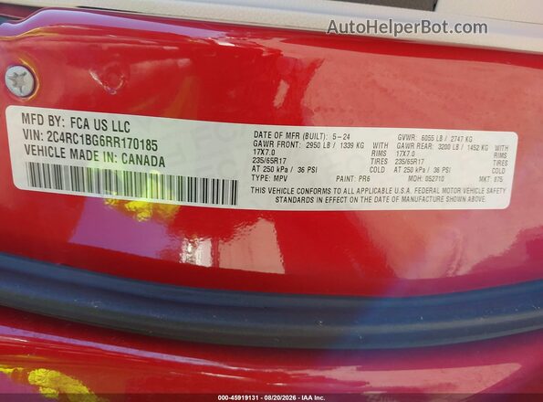 2C4RC1BG6RR170185 2024 CHRYSLER PACIFICA Red ძრავის განყოფილების ხედი