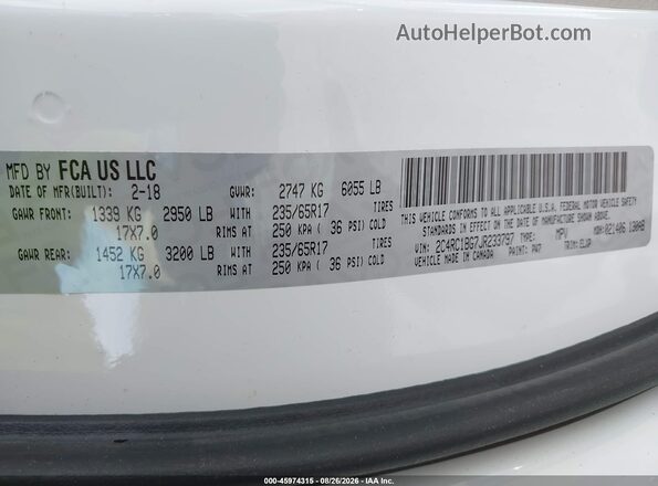 2C4RC1BG7JR233797 2018 CHRYSLER PACIFICA White Շարժիչի բաժամունքի տեսք