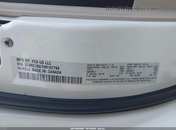 2C4RC1BG7NR157794 2022 CHRYSLER PACIFICA White Вид підкапотного простору