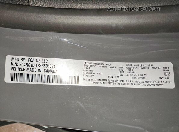 2C4RC1BG7SR504584 2025 CHRYSLER PACIFICA Gray VIN კოდის სტიკერის ხედი