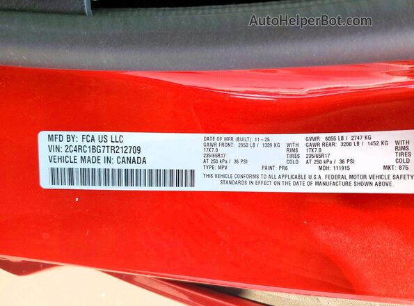 2C4RC1BG7TR212709 2026 CHRYSLER PACIFICA Red Vista de la etiqueta del VIN