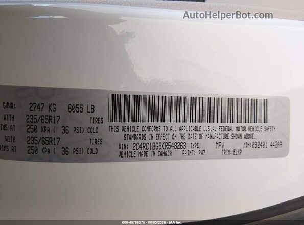 2C4RC1BG9KR548263 2019 CHRYSLER PACIFICA White Vista del compartimento del motor
