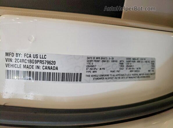 2C4RC1BG9PR579620 2023 CHRYSLER PACIFICA White Widok naklejki z numerem VIN
