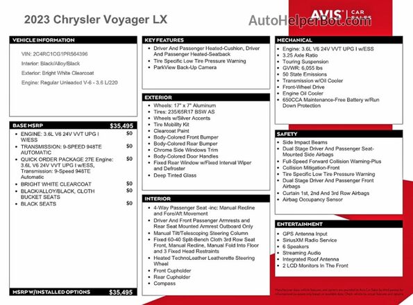 2C4RC1CG1PR564396 2023 CHRYSLER VOYAGER White VIN კოდის სტიკერის ხედი