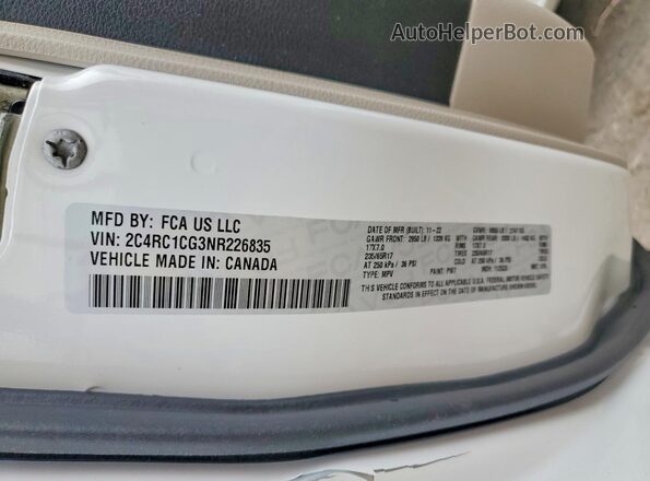 2C4RC1CG3NR226835 2022 CHRYSLER VOYAGER White VIN კოდის სტიკერის ხედი