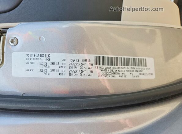 2C4RC1CG4HR503044 2017 CHRYSLER PACIFICA Silver Vista de la etiqueta del VIN