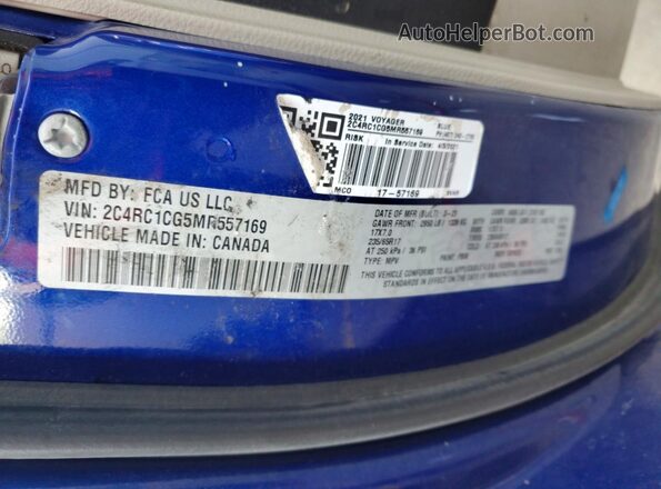 2C4RC1CG5MR557169 2021 CHRYSLER VOYAGER Blue Widok naklejki z numerem VIN