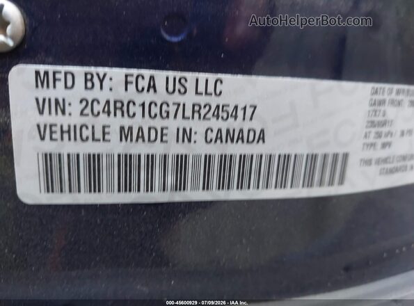 2C4RC1CG7LR245417 2020 CHRYSLER VOYAGER Blue Vista del compartimento del motor