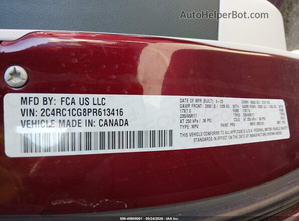 2C4RC1CG8PR613416 2023 CHRYSLER VOYAGER Maroon ძრავის განყოფილების ხედი