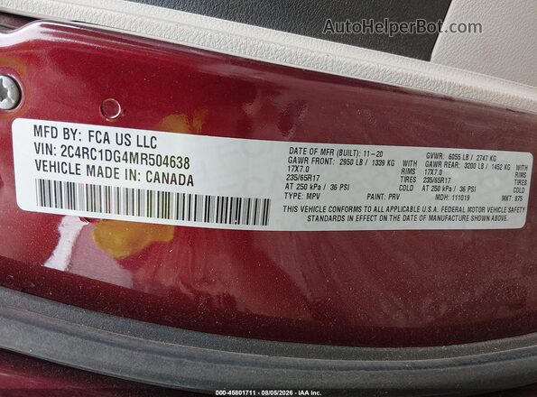 2C4RC1DG4MR504638 2021 CHRYSLER VOYAGER Red ძრავის განყოფილების ხედი