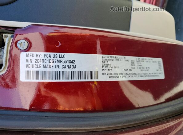 2C4RC1DG7MR551842 2021 CHRYSLER VOYAGER Maroon Vista de la etiqueta del VIN