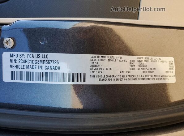 2C4RC1DG8MR567726 2021 CHRYSLER VOYAGER Серый Панорамный вид салона 360°