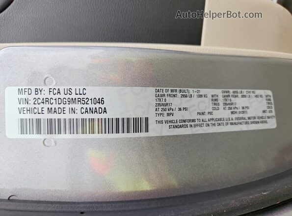 2C4RC1DG9MR521046 2021 CHRYSLER OTHER Серый 