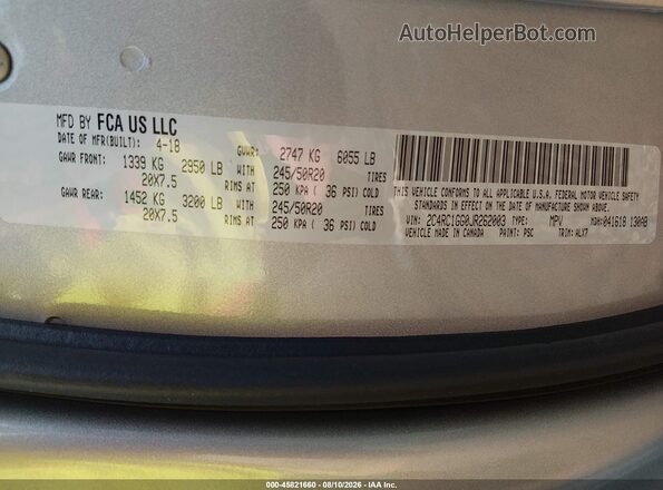 2C4RC1GG0JR262003 2018 CHRYSLER PACIFICA Silver ძრავის განყოფილების ხედი
