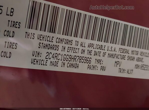 2C4RC1GG9HR785966 2017 CHRYSLER PACIFICA Red ძრავის განყოფილების ხედი