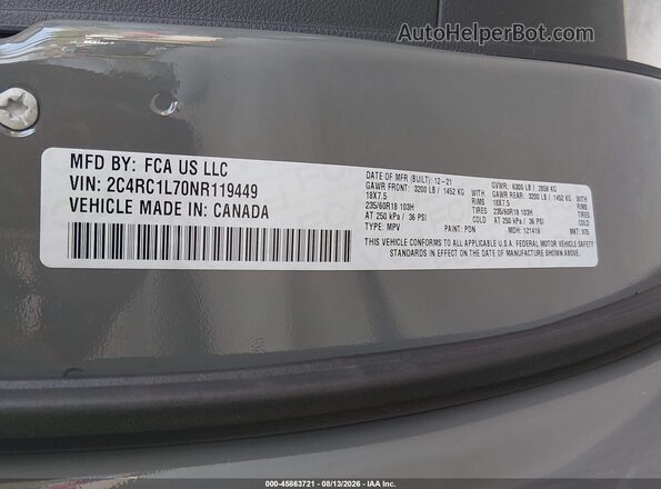 2C4RC1L70NR119449 2022 CHRYSLER PACIFICA Blue ძრავის განყოფილების ხედი