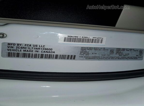 2C4RC1L71NR139600 2022 CHRYSLER PACIFICA White Vista interior de 360 grados