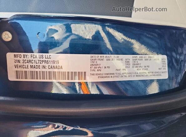 2C4RC1L72PR611919 2023 CHRYSLER PACIFICA Blue VIN կոդի պիտակի տեսք