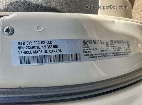 2C4RC1L74MR581060 2021 CHRYSLER PACIFICA White Vista de la etiqueta del VIN