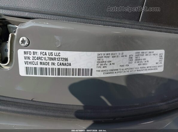 2C4RC1L78NR127296 2022 CHRYSLER PACIFICA Gray Vista del compartimento del motor