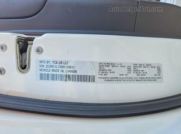 2C4RC1L7XNR199911 2022 CHRYSLER PACIFICA White Вид наклейки з VIN-кодом