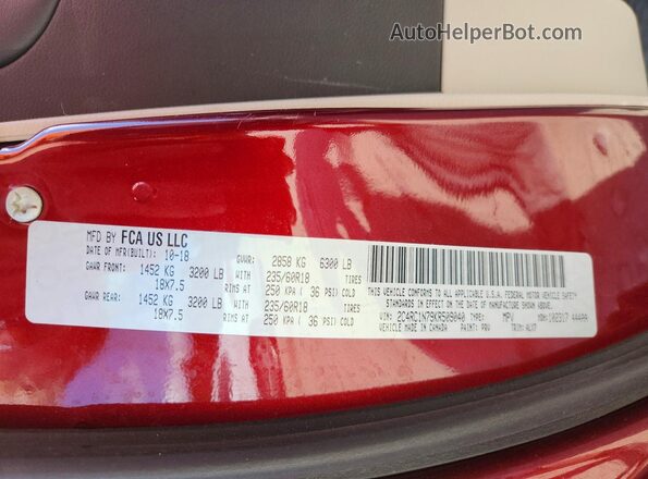 2C4RC1N79KR509040 2019 CHRYSLER PACIFICA Red Widok naklejki z numerem VIN