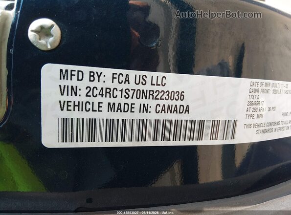 2C4RC1S70NR223036 2022 CHRYSLER PACIFICA Turquoise Widok komory silnika