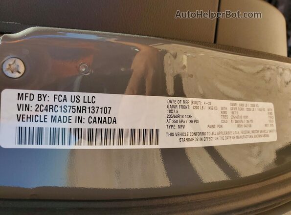 2C4RC1S75NR137107 2022 CHRYSLER PACIFICA Gray VIN კოდის სტიკერის ხედი