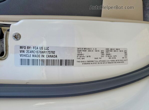 2C4RC1S76NR173792 2022 CHRYSLER PACIFICA White Vista de la etiqueta del VIN