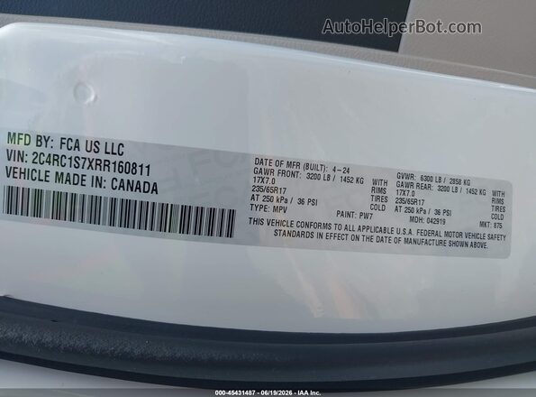 2C4RC1S7XRR160811 2024 CHRYSLER PACIFICA White Widok komory silnika