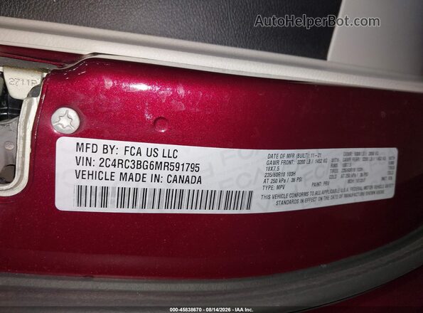 2C4RC3BG6MR591795 2021 CHRYSLER PACIFICA Red Widok komory silnika