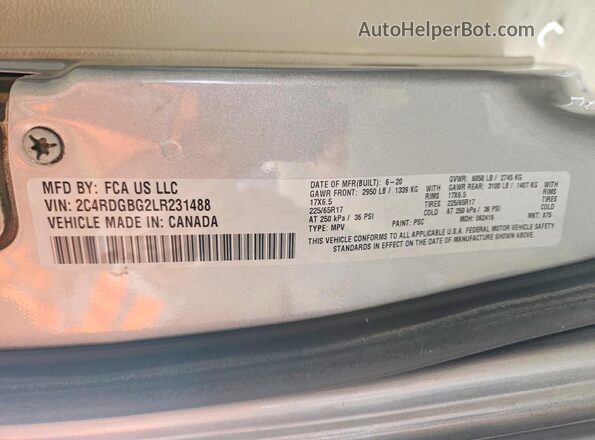 2C4RDGBG2LR231488 2020 DODGE GRAND Silver Vista de la etiqueta del VIN