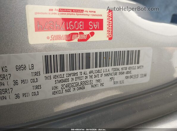 2C4RDGCG0JR265151 2018 DODGE GRAND CARAVAN Gray Вид підкапотного простору