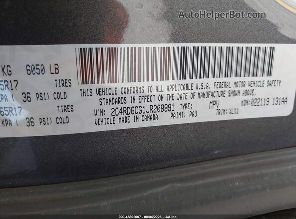 2C4RDGCG1JR208991 2018 DODGE GRAND CARAVAN Gray Вид підкапотного простору