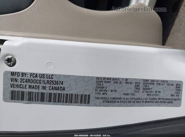 2C4RDGCG1LR253674 2020 DODGE GRAND CARAVAN White Widok komory silnika