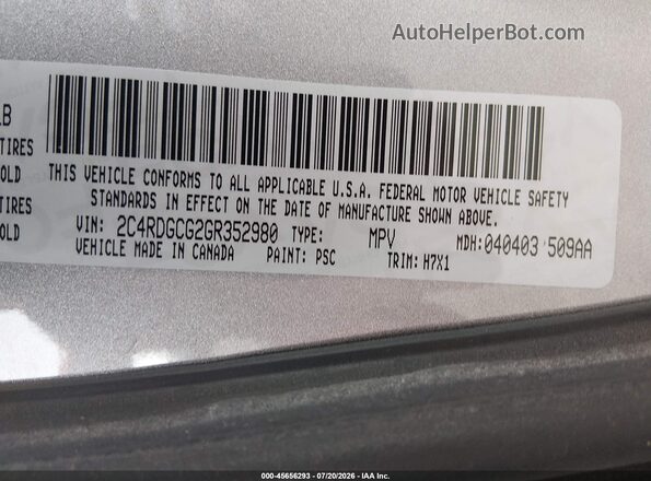 2C4RDGCG2GR352980 2016 DODGE GRAND CARAVAN Серый Вид подкапотного пространства