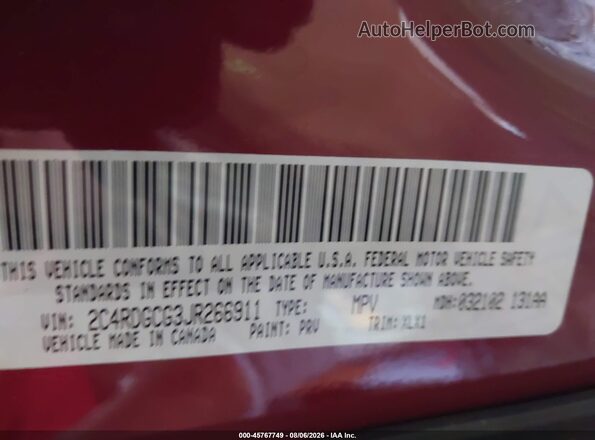 2C4RDGCG3JR266911 2018 DODGE GRAND CARAVAN Burgundy Vista del compartimento del motor