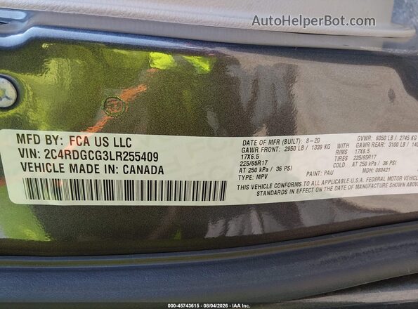 2C4RDGCG3LR255409 2020 DODGE GRAND CARAVAN Gray Вид підкапотного простору