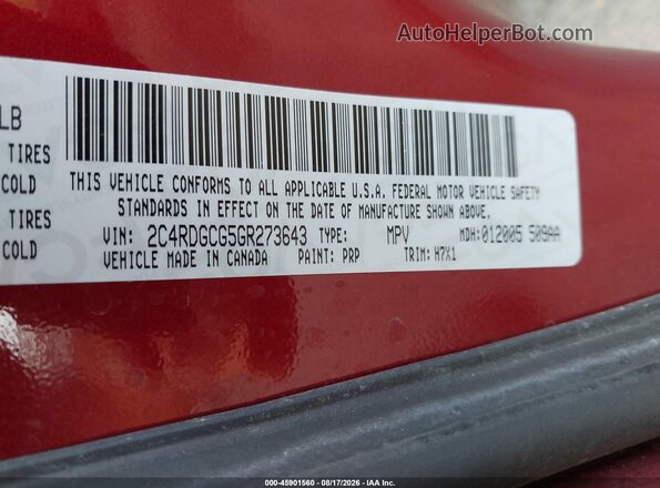 2C4RDGCG5GR273643 2016 DODGE GRAND CARAVAN Burgundy ძრავის განყოფილების ხედი