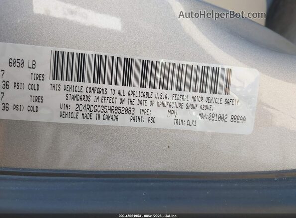 2C4RDGCG5HR852083 2017 DODGE GRAND CARAVAN Silver Շարժիչի բաժամունքի տեսք