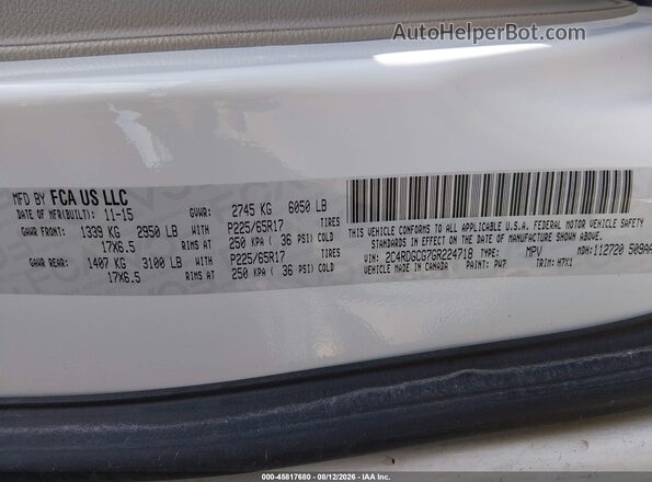 2C4RDGCG7GR224718 2016 DODGE GRAND CARAVAN White Вид підкапотного простору