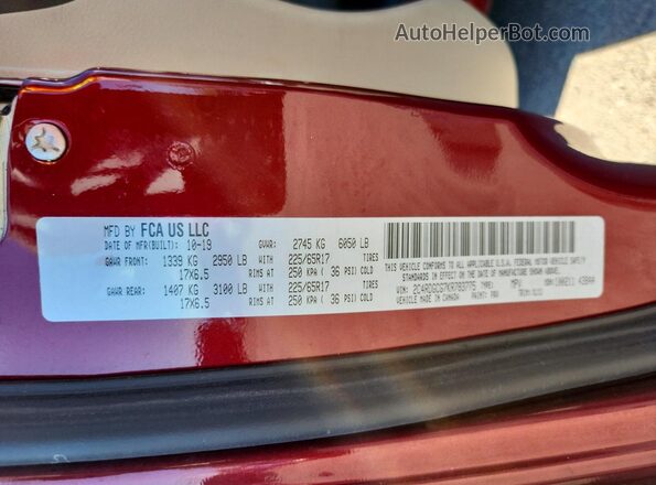 2C4RDGCG7KR783775 2019 DODGE GRAND Бордовый Вид наклейки с VIN-кодом