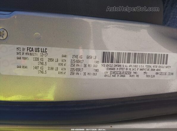 2C4RDGCG8JR162320 2018 DODGE GRAND CARAVAN Silver Vista del compartimento del motor