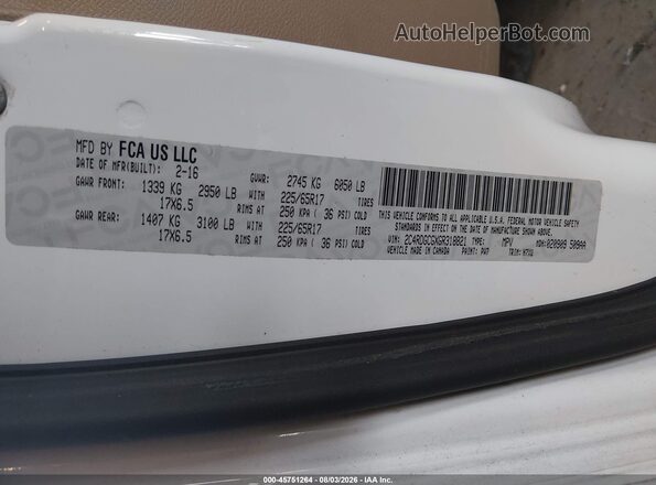 2C4RDGCGXGR318821 2016 DODGE GRAND CARAVAN White Widok komory silnika