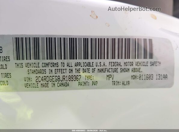 2C4RDGEG8JR189367 2018 DODGE GRAND CARAVAN White Widok komory silnika